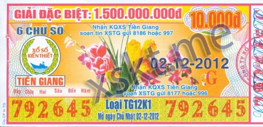 Mẫu vé sô xổ số Tiền Giang ngày 2/12/2012