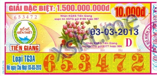 Mẫu vé sô xổ số Tiền Giang ngày 3/3/2013
