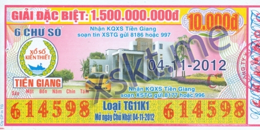 Mẫu vé sô xổ số Tiền Giang ngày 4/11/2012