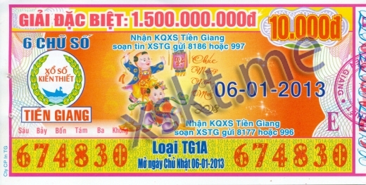 Mẫu vé sô xổ số Tiền Giang ngày 6/1/2013