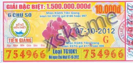 Mẫu vé sô xổ số Tiền Giang ngày 16/9/2012