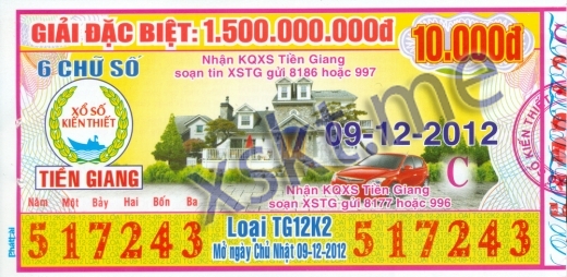 Mẫu vé sô xổ số Tiền Giang ngày 9/12/2012