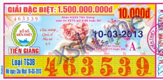 Mẫu vé sô xổ số Tiền Giang ngày 10/3/2013