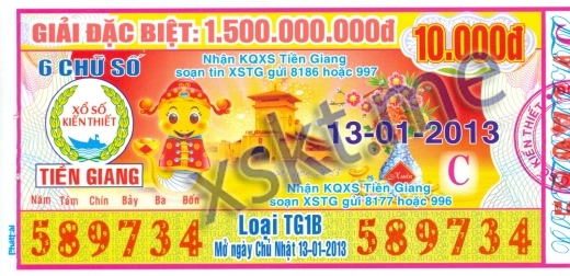 Mẫu vé sô xổ số Tiền Giang ngày 13/1/2013