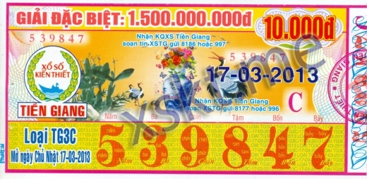 Mẫu vé sô xổ số Tiền Giang ngày 17/3/2013