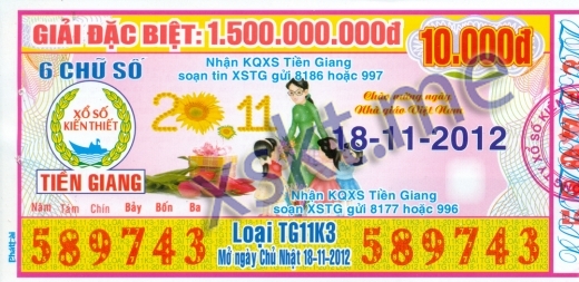 Mẫu vé sô xổ số Tiền Giang ngày 18/11/2012