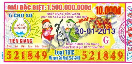 Mẫu vé sô xổ số Tiền Giang ngày 20/1/2013