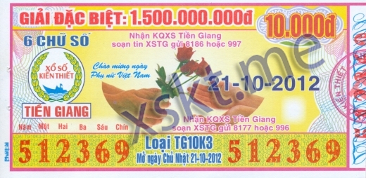 Mẫu vé sô xổ số Tiền Giang ngày 21/10/2012