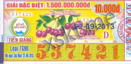 Mẫu vé sô xổ số Tiền Giang ngày 22/9/2013