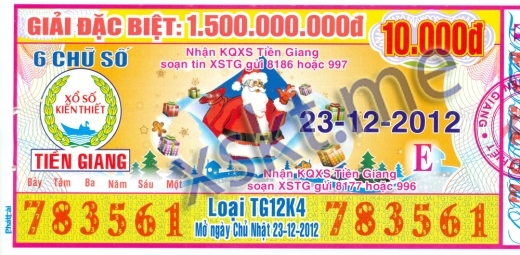 Mẫu vé sô xổ số Tiền Giang ngày 23/12/2012