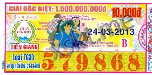 Mẫu vé sô xổ số Tiền Giang ngày 24/3/2013