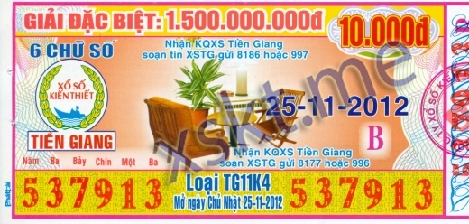 Mẫu vé sô xổ số Tiền Giang ngày 25/11/2012