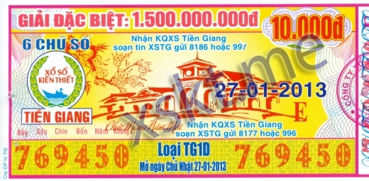 Mẫu vé sô xổ số Tiền Giang ngày 27/1/2013