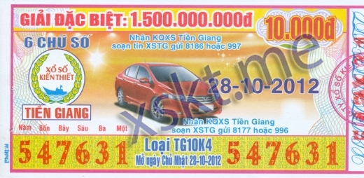 Mẫu vé sô xổ số Tiền Giang ngày 28/10/2012