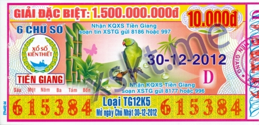 Mẫu vé sô xổ số Tiền Giang ngày 30/12/2012