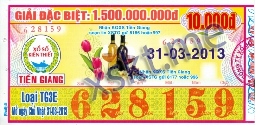 Mẫu vé sô xổ số Tiền Giang ngày 31/3/2013