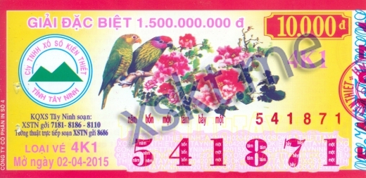 Mẫu vé sô xổ số Tây Ninh ngày 2/4/2015