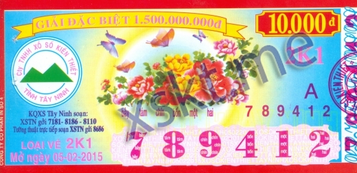 Mẫu vé sô xổ số Tây Ninh ngày 5/2/2015