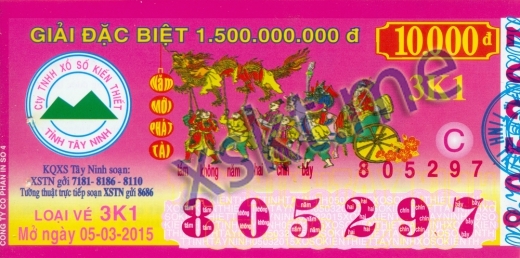 Mẫu vé sô xổ số Tây Ninh ngày 5/3/2015