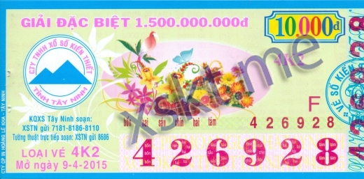 Mẫu vé sô xổ số Tây Ninh ngày 9/4/2015