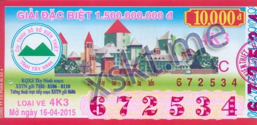 Mẫu vé sô xổ số Tây Ninh ngày 16/4/2015