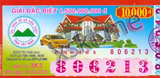 Mẫu vé sô xổ số Tây Ninh ngày 19/3/2015