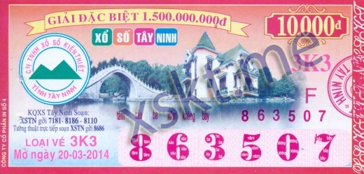 Mẫu vé sô xổ số Tây Ninh ngày 20/3/2014