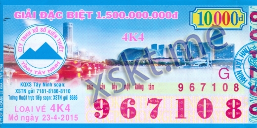 Mẫu vé sô xổ số Tây Ninh ngày 23/4/2015