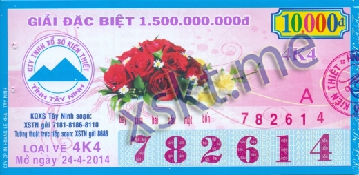 Mẫu vé sô xổ số Tây Ninh ngày 24/4/2014