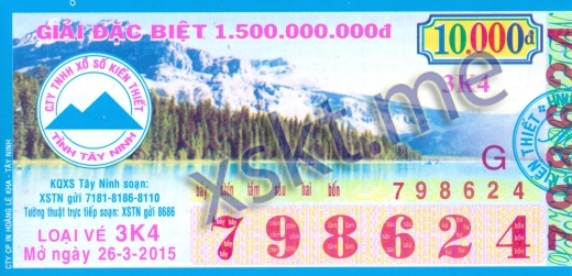 Mẫu vé sô xổ số Tây Ninh ngày 26/3/2015