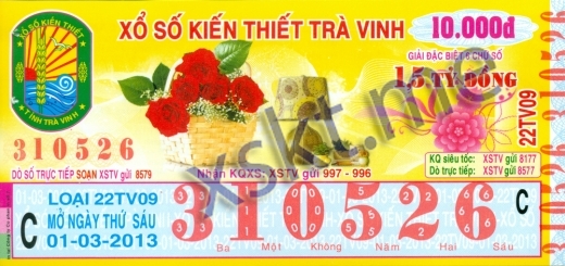 Mẫu vé sô xổ số Trà Vinh ngày 1/3/2013