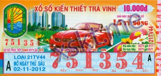 Mẫu vé sô xổ số Trà Vinh ngày 2/11/2012