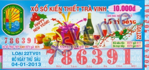 Mẫu vé sô xổ số Trà Vinh ngày 4/1/2013