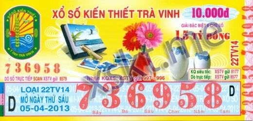 Mẫu vé sô xổ số Trà Vinh ngày 5/4/2013
