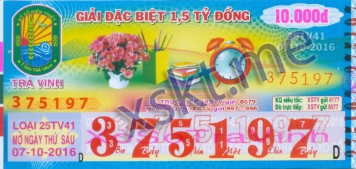 Mẫu vé sô xổ số Trà Vinh ngày 7/10/2016