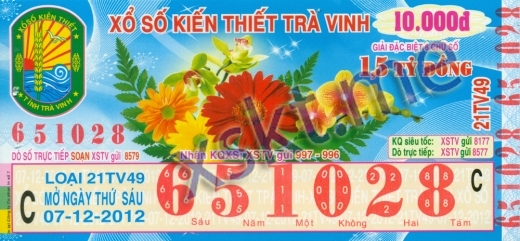Mẫu vé sô xổ số Trà Vinh ngày 7/12/2012