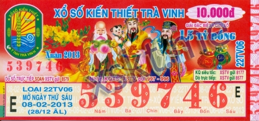 Mẫu vé sô xổ số Trà Vinh ngày 8/2/2013