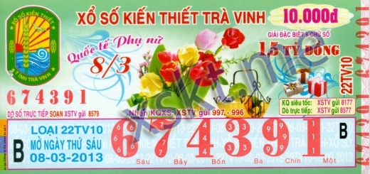Mẫu vé sô xổ số Trà Vinh ngày 8/3/2013