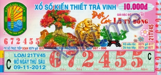 Mẫu vé sô xổ số Trà Vinh ngày 9/11/2012
