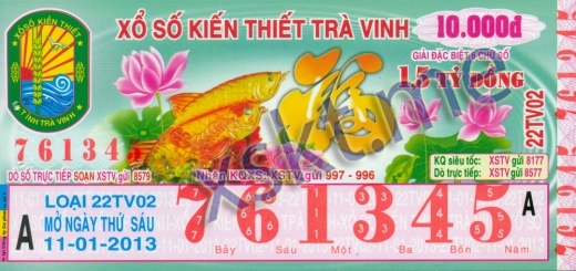 Mẫu vé sô xổ số Trà Vinh ngày 11/1/2013