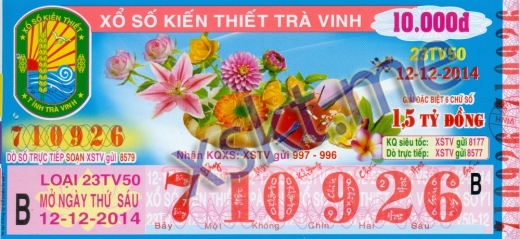 Mẫu vé sô xổ số Trà Vinh ngày 12/12/2014