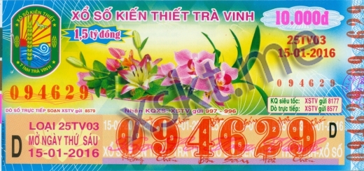 Mẫu vé sô xổ số Trà Vinh ngày 15/1/2016