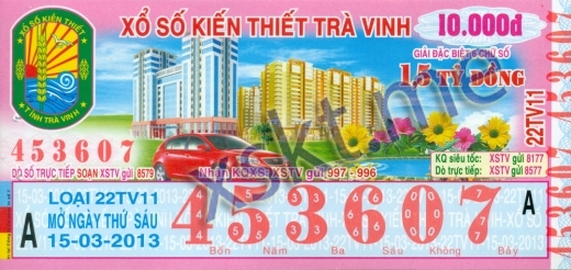 Mẫu vé sô xổ số Trà Vinh ngày 15/3/2013