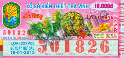 Mẫu vé sô xổ số Trà Vinh ngày 18/1/2013