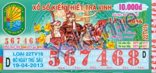 Mẫu vé sô xổ số Trà Vinh ngày 19/4/2013