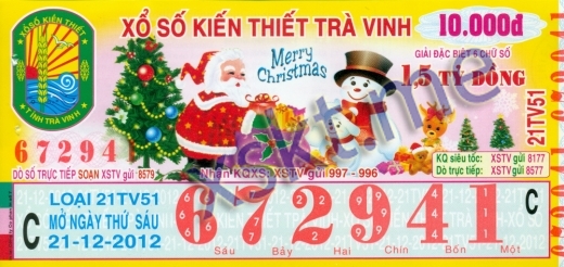 Mẫu vé sô xổ số Trà Vinh ngày 21/12/2012