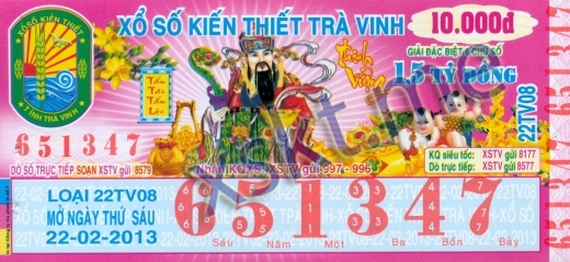 Mẫu vé sô xổ số Trà Vinh ngày 22/2/2013