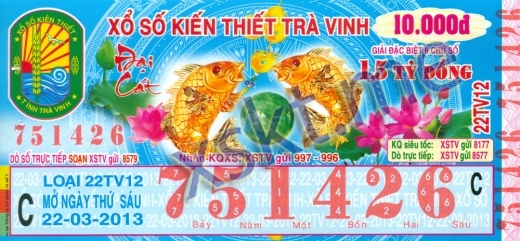 Mẫu vé sô xổ số Trà Vinh ngày 22/3/2013