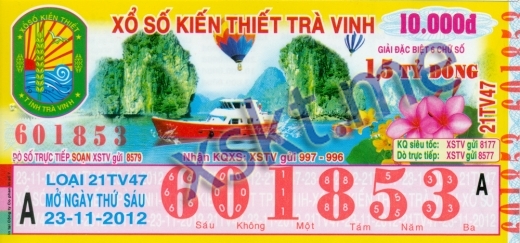 Mẫu vé sô xổ số Trà Vinh ngày 23/11/2012