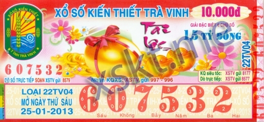 Mẫu vé sô xổ số Trà Vinh ngày 25/1/2013